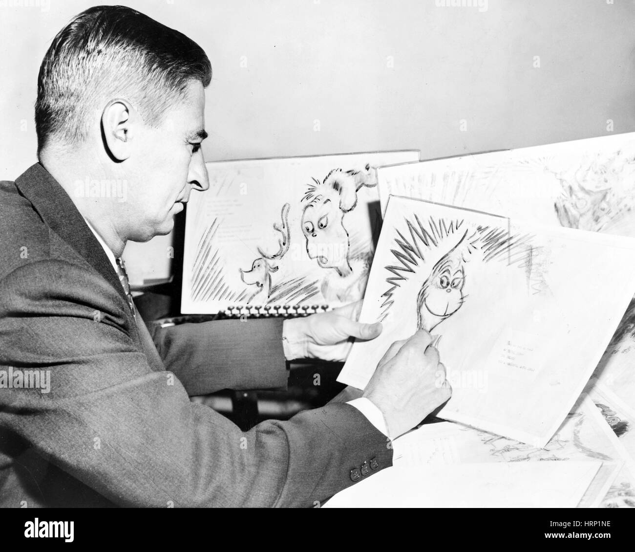 Dr. Seuss Drawing the Grinch, 1957 Stock Photo