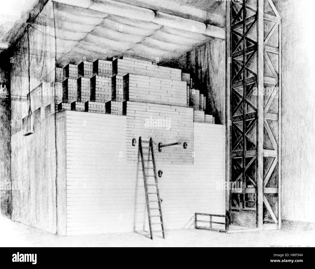 Drawing of Chicago Pile 1 made in 1946 by artist Melvin A. Miller. Chicago Pile-1 (CP-1) was the world's first artificial nuclear reactor. The construction of CP-1 was part of the Manhattan Project, and was carried out by the Metallurgical Laboratory at the University of Chicago. Stock Photo