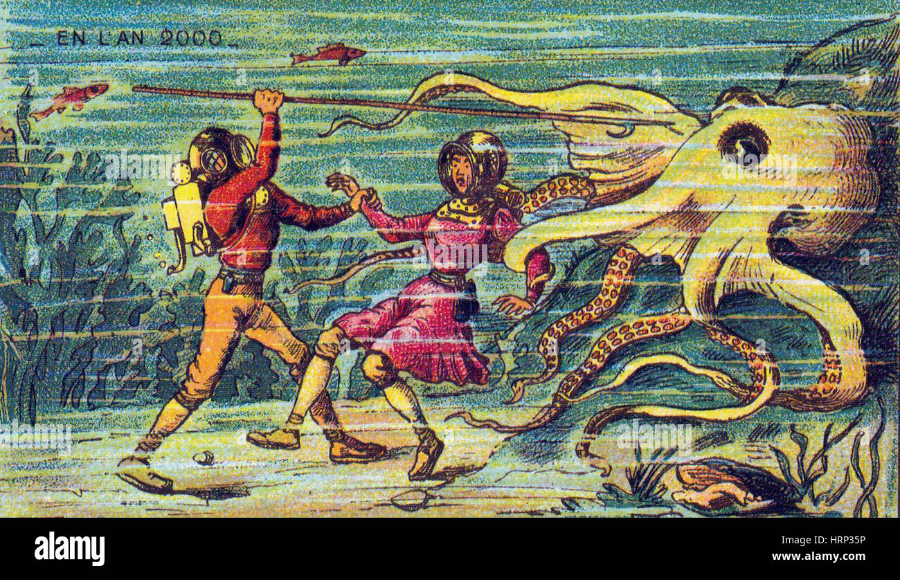 Octopus Attack, 1900s French Postcard Stock Photo