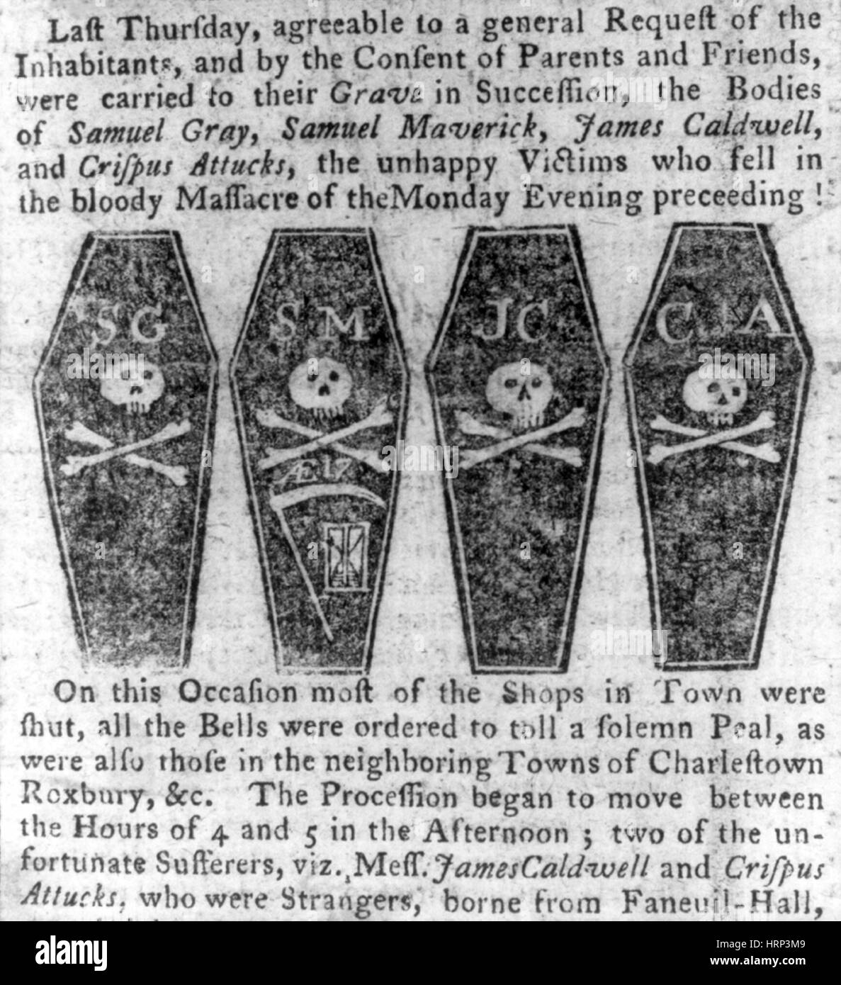 Coffins of Boston Massacre Victims, 1770 Stock Photo