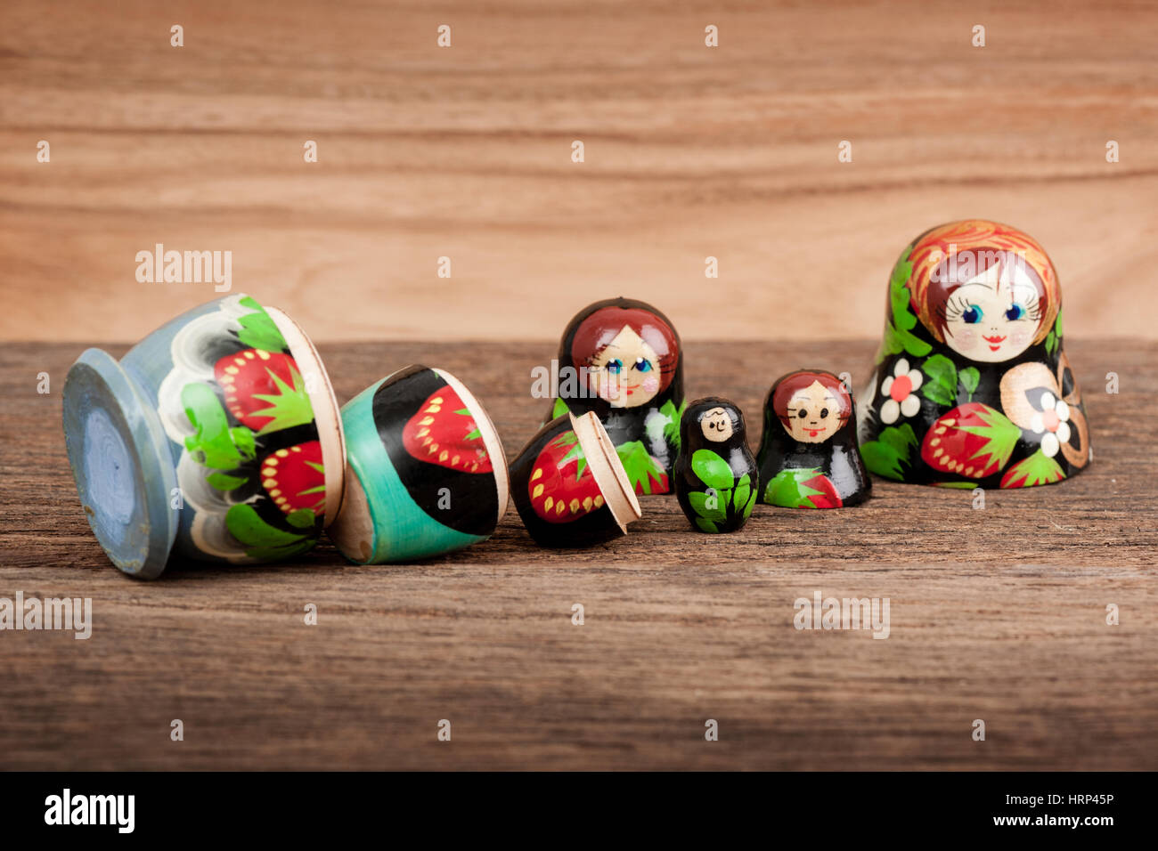 Set of matryoshka or babushkas (Russian nesting dolls). Stock Photo