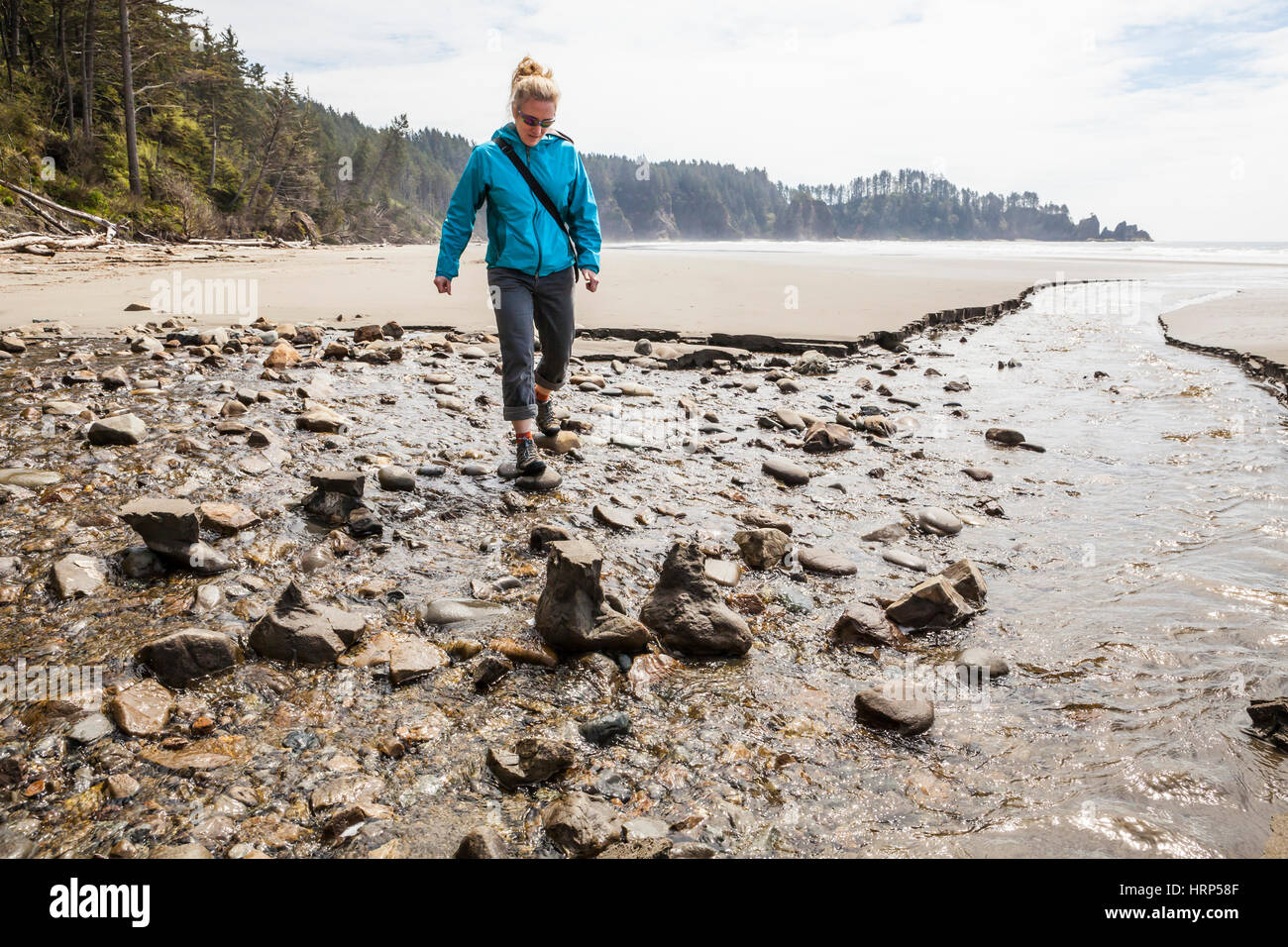 A woman hopping from rock to rock across a stream on 2nd Beach, Olympic National Park, Washington, USA. Stock Photo