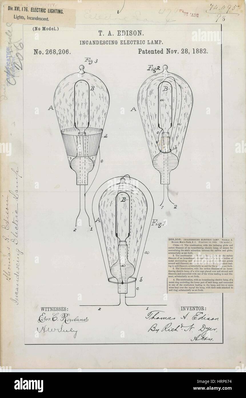 Edison Incandescent Electric Lamp Patent, 1882 Stock Photo