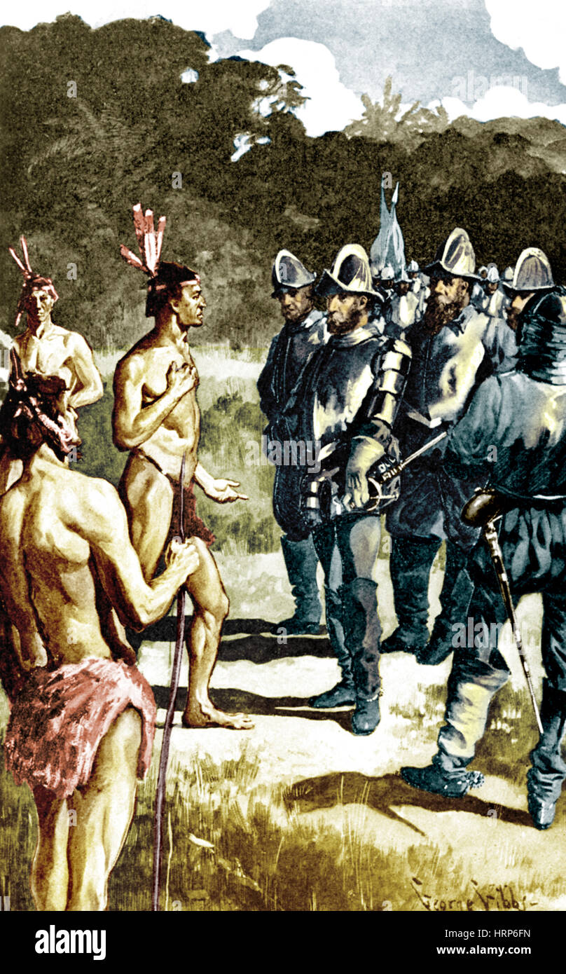 De Soto Meets Florida Indians, 1539 Stock Photo