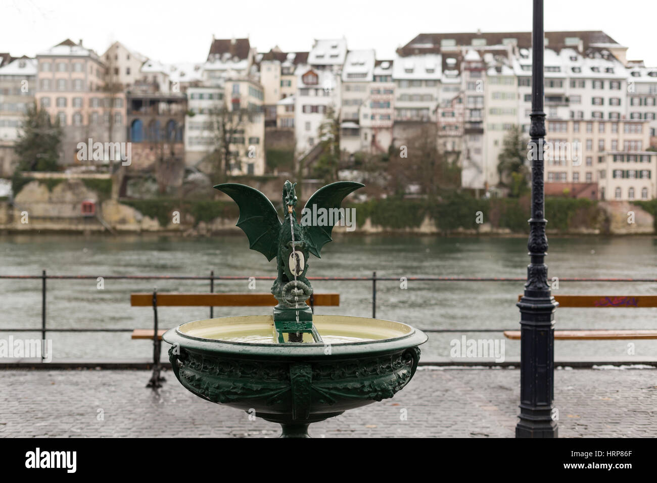 A photograph of a basilisk statue in Basel, Switzerland. The Basilisk is a mythical dragon. Here