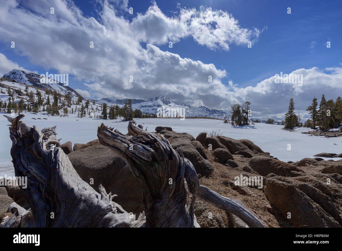 An alpine lake in the dead of winter in the Sierra Nevada on the ...