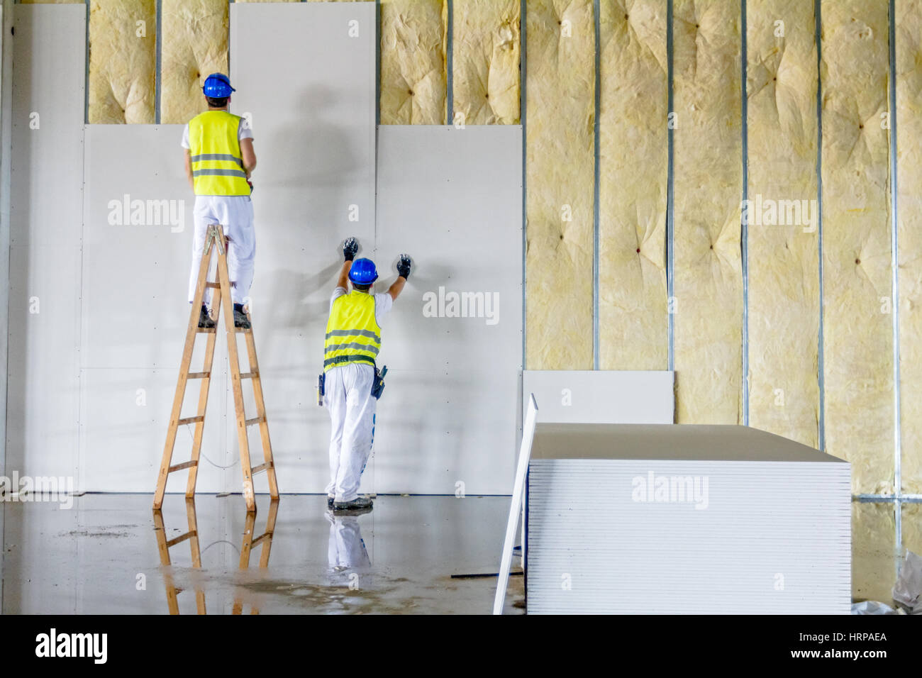 Workers are assembly gypsum  wall Plasterboard  is under 