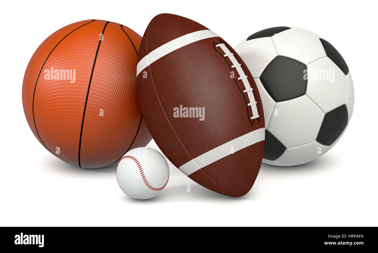 set of sport balls, soccer, basketball, football and baseball, on white  background (3d render Stock Photo - Alamy