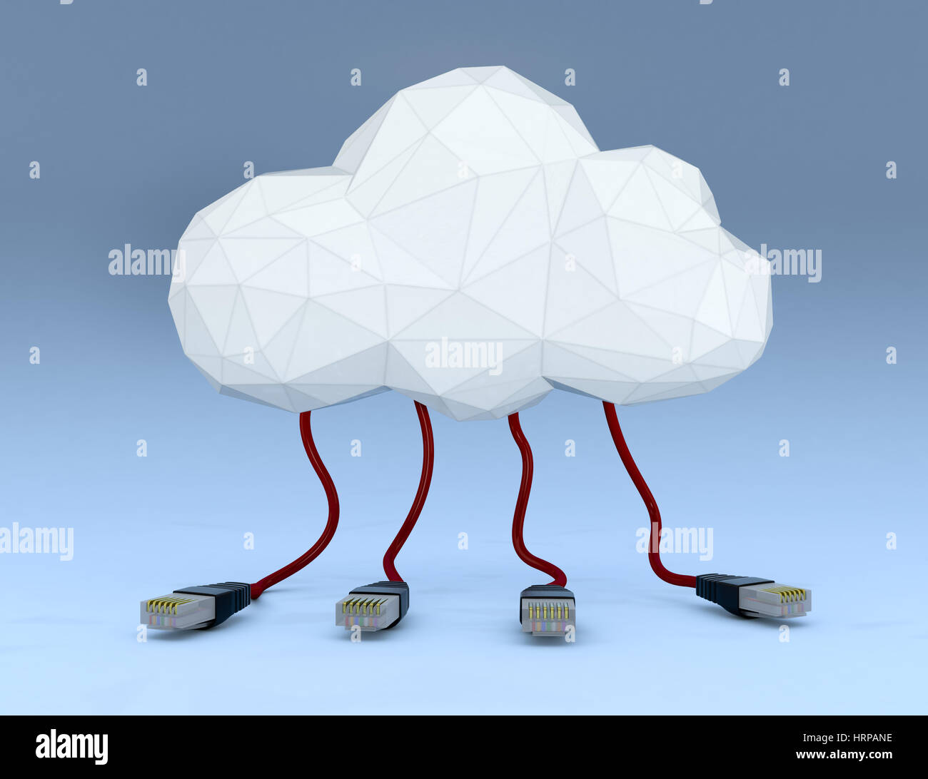 one stylized cloud made with the tecnique of lowpoly modeling, with network cables connected to it, blue background (3d render) Stock Photo