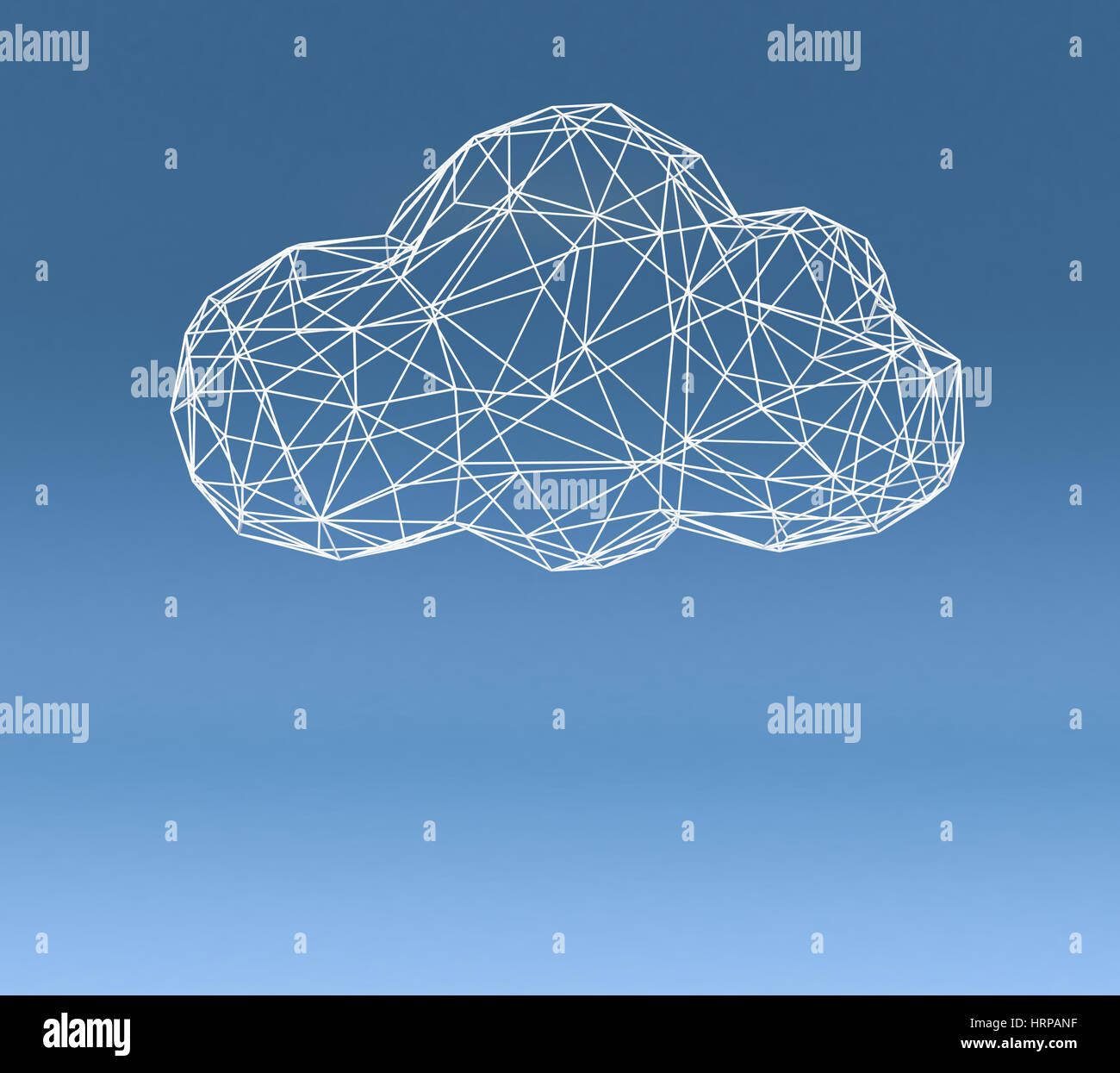 one stylized cloud made with the technique of wireframe modeling on blue background, empty space at the bottom (3d render) Stock Photo
