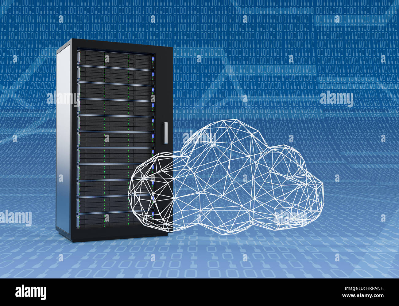 one computer server cabinet with a cloud made with the technique of wireframe modeling, blue background with binary numbers (3d render) Stock Photo