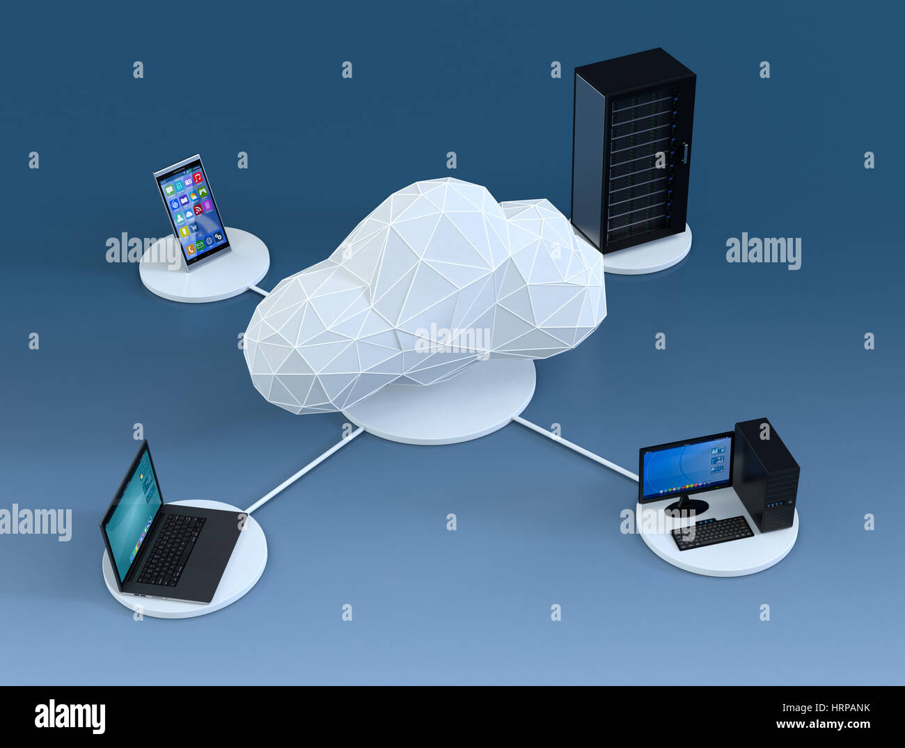 top view of a smartphone, a computer notebook, a desktop pc, a computer server cabinet, the devices are connected to a cloud made with the technique o Stock Photo