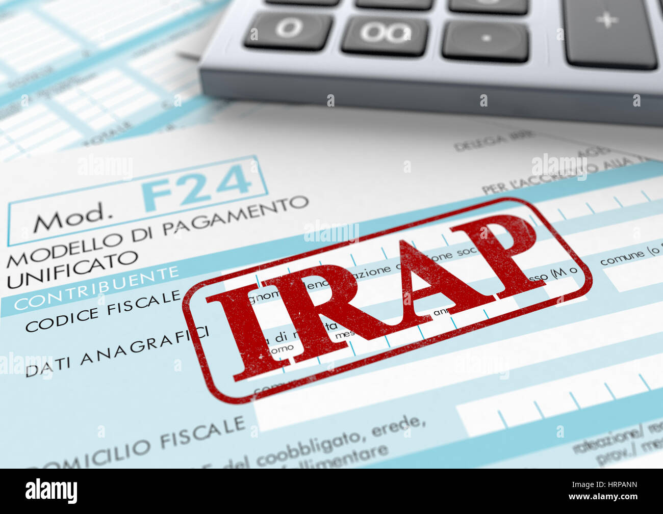 close up view of F24 form for italian taxes,the word irap and an electronic  calculator (3d render Stock Photo - Alamy