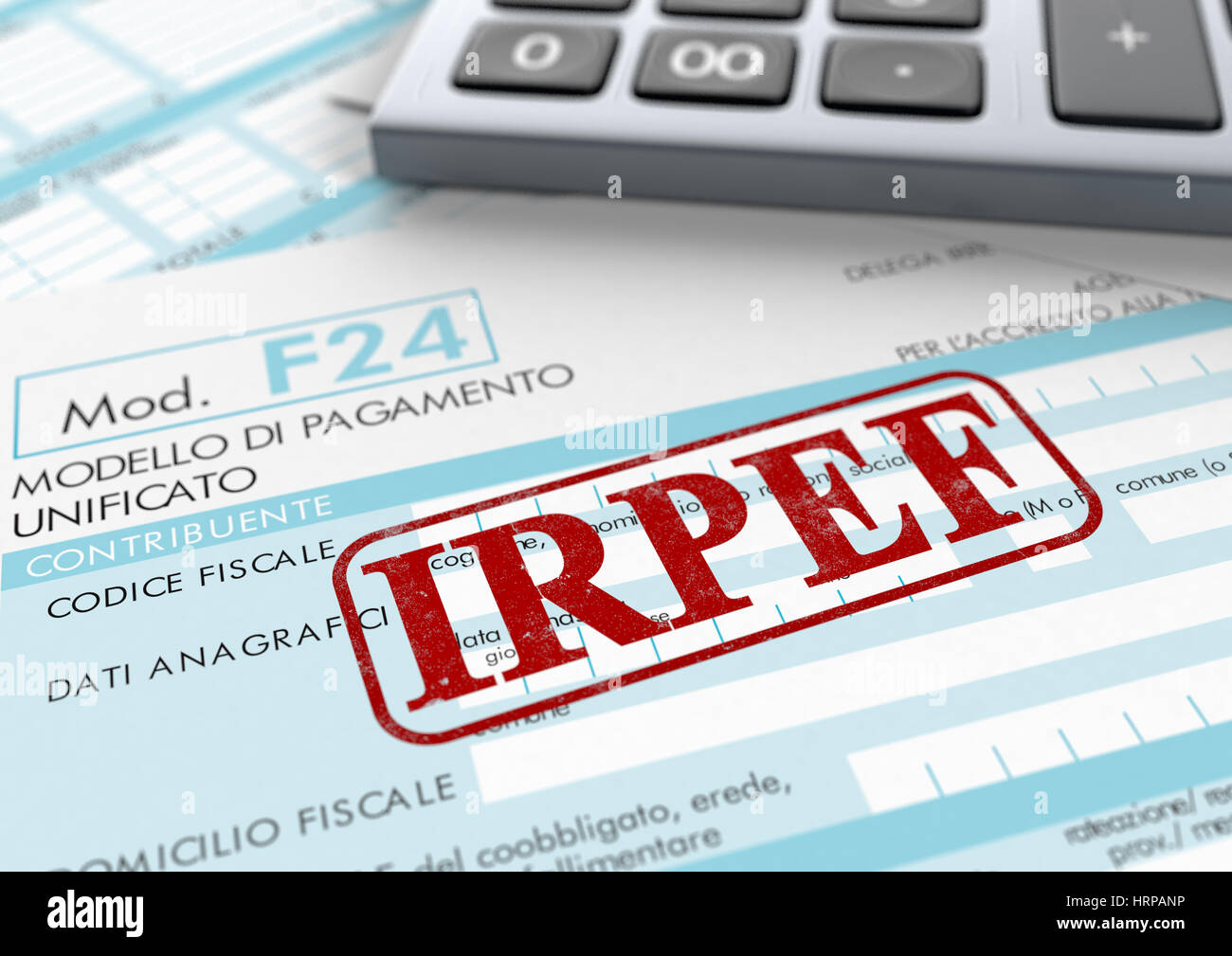 close up view of F24 form for italian taxes,the word irpef and an electronic calculator (3d render) Stock Photo