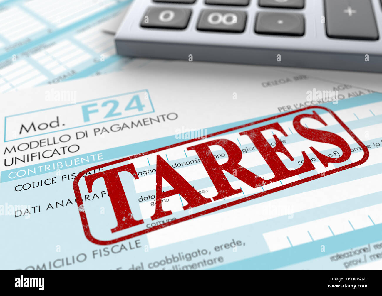 close up view of F24 form for italian taxes,the word tares and an electronic calculator (3d render) Stock Photo