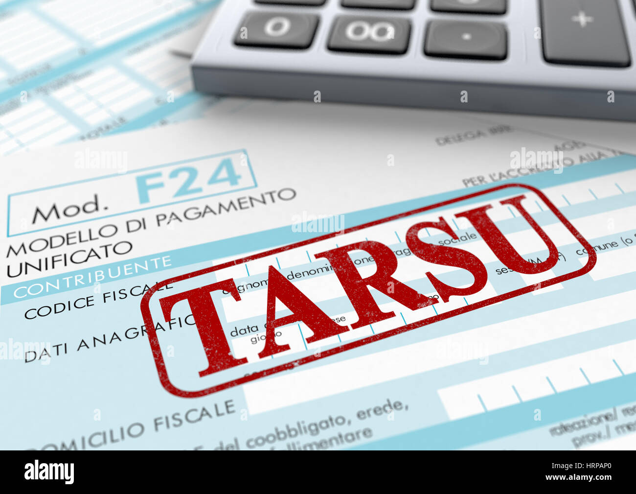 close up view of F24 form for italian taxes,the word tarsu and an electronic calculator (3d render) Stock Photo