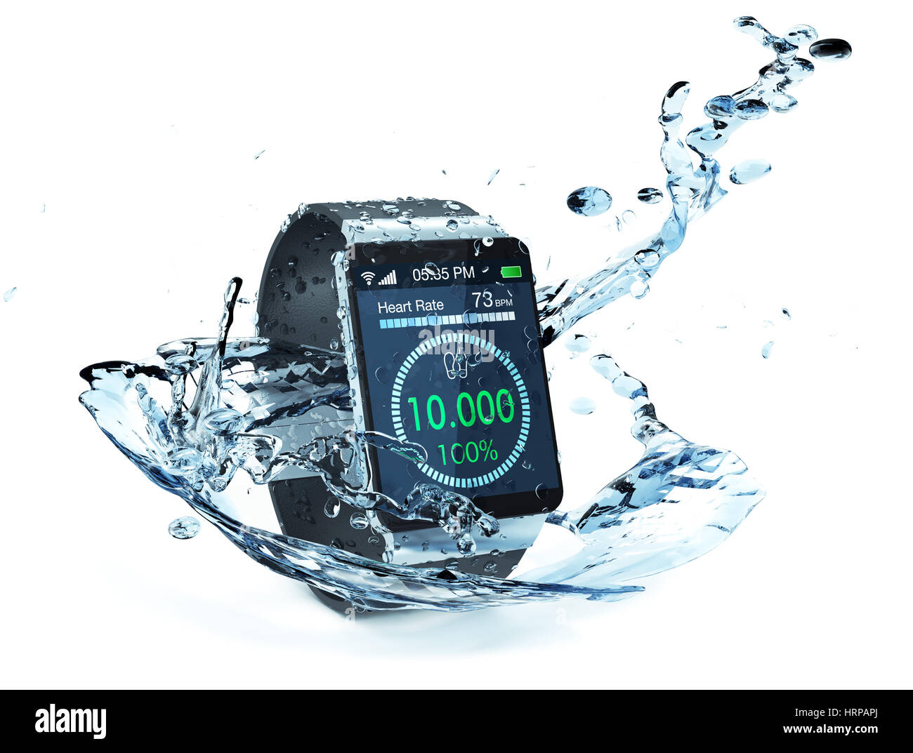 smartwatch with fitness app and water splash around it (3d render) Stock Photo