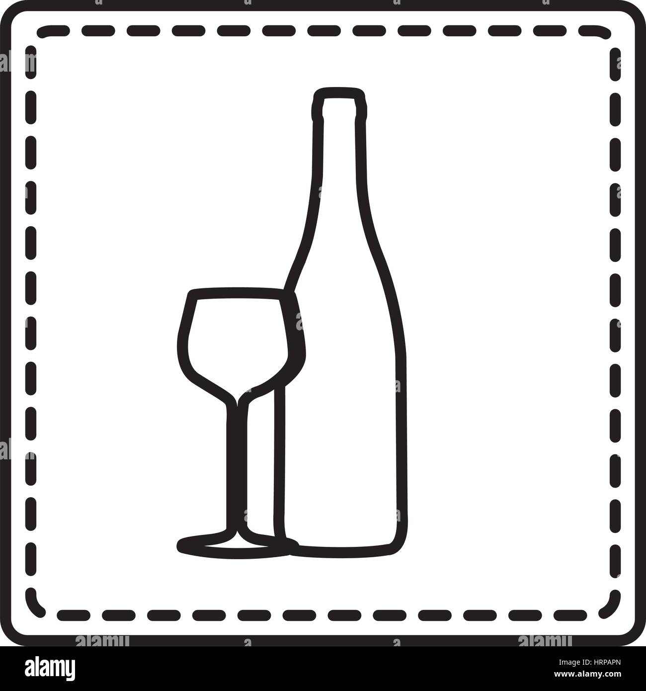 monochrome contour square and dotted line with bottle and glass of wine ...