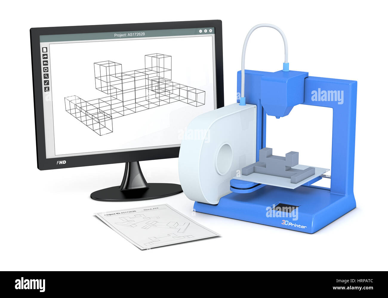 one 3d printer with a sketch document and a computer monitor with a cam  software (3d render Stock Photo - Alamy