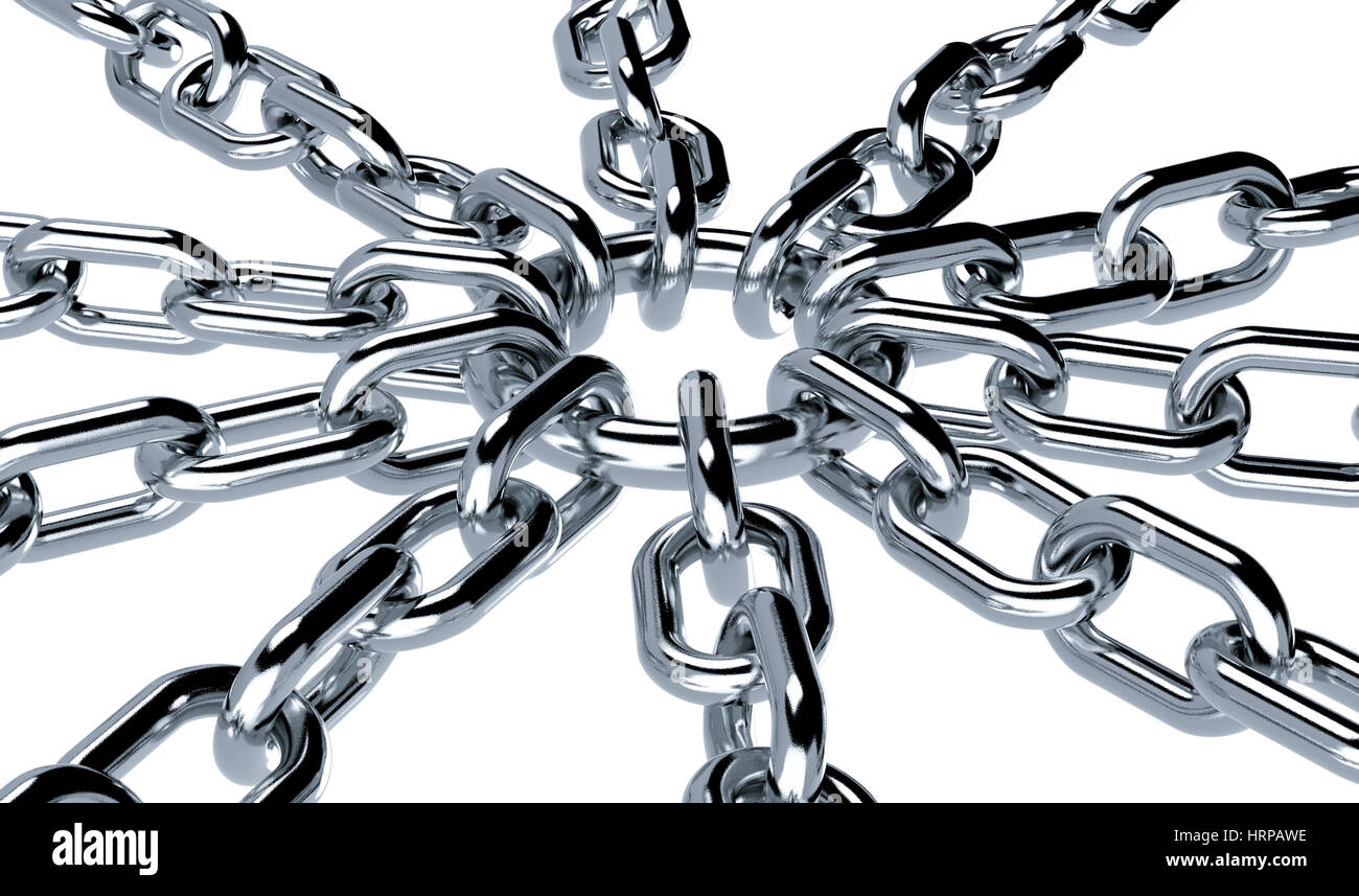 closeup view of metal chains linked together on white background (3d