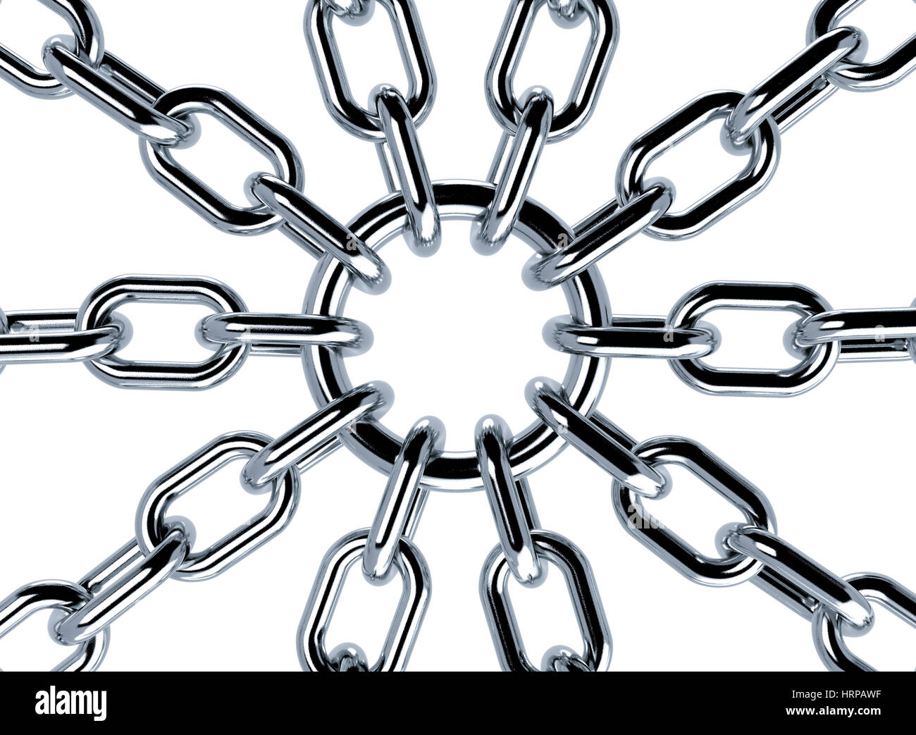 closeup view of metal chains linked together on white background (3d
