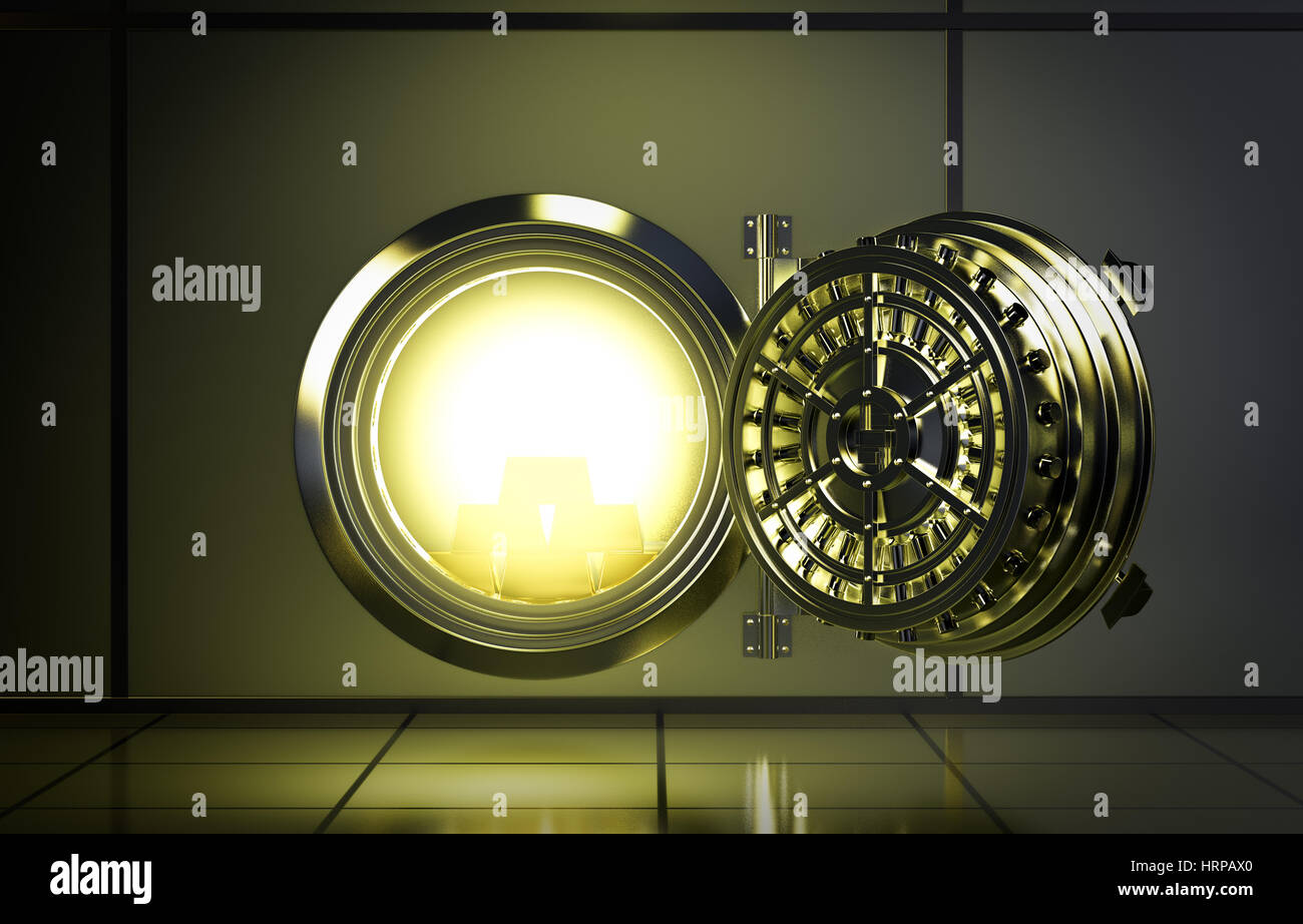 opened door of bank vault with a yellow light coming from inside (3d render) Stock Photo