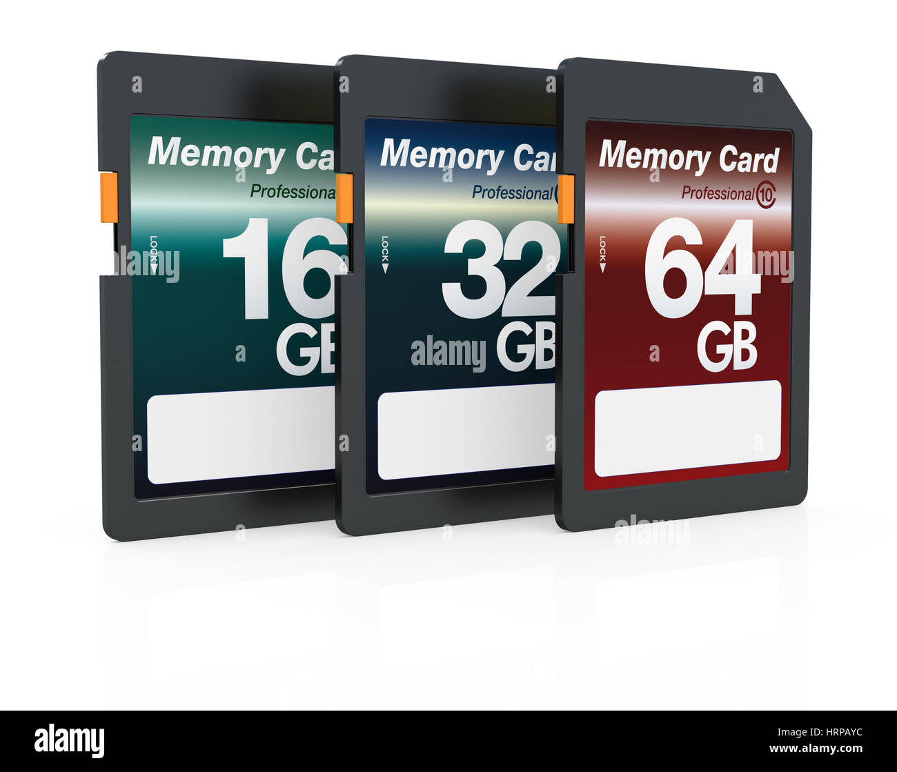 three memory cards of different storage capacity (3d render Stock Photo