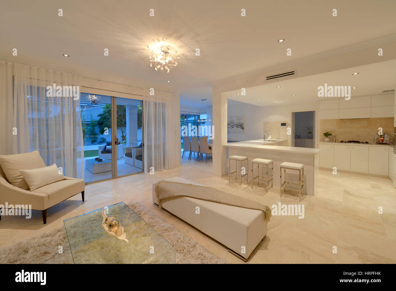 Twilight interior shot of modern Australian home Stock Photo