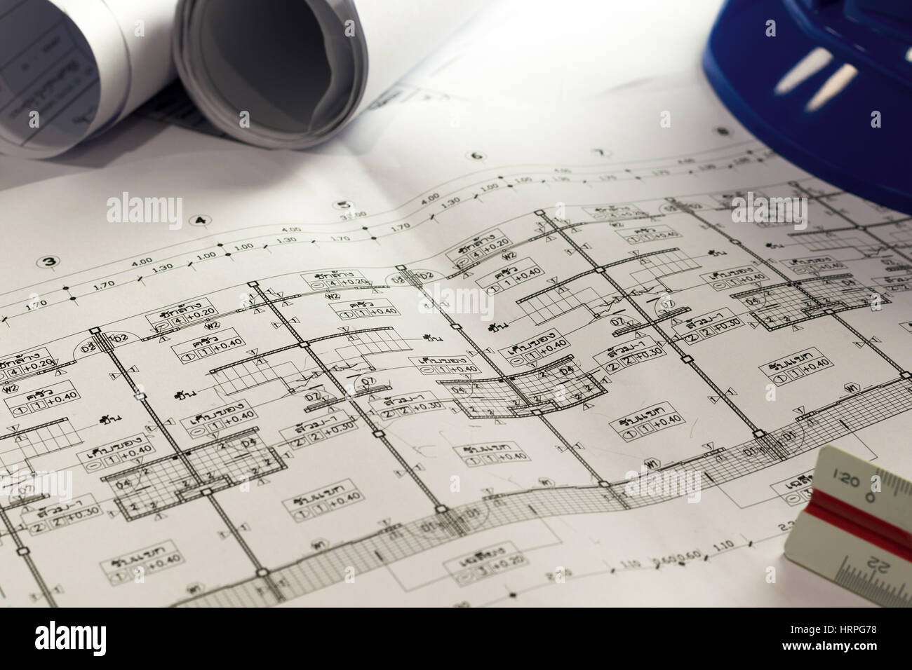 engineering diagram blueprint paper drafting project sketch architectural,selective focus Stock Photo