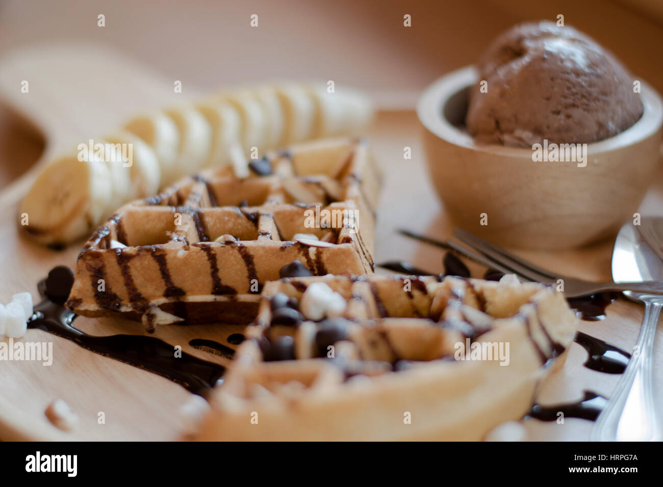 delicious sweet dessert : homemade waffle with chocolate sauce ...
