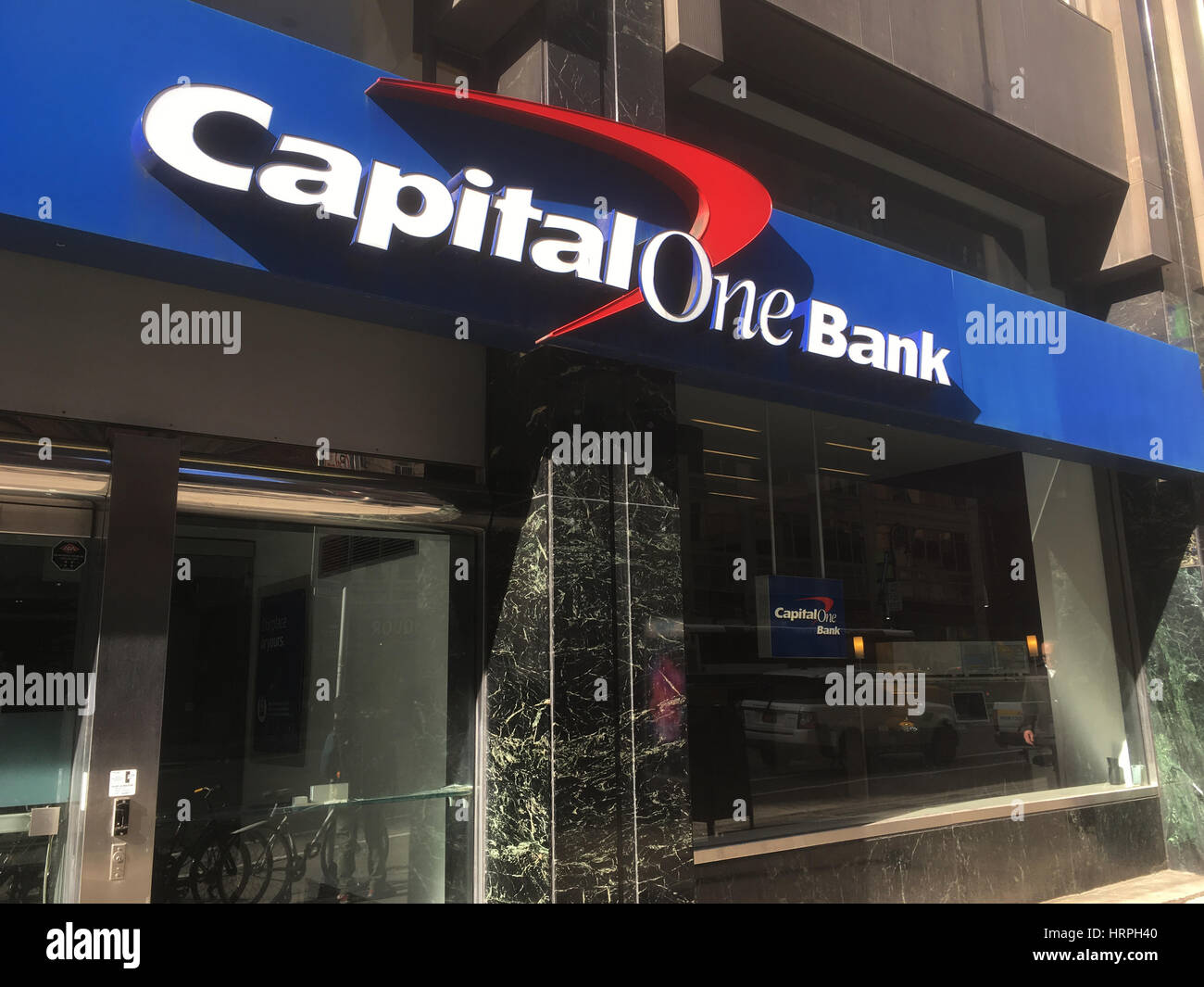 New York City - 28 January 2017: Facade of Capital One Bank Midtown Manhattan location.  Large Capital One Bank logo on the exterior, street view.  No Stock Photo