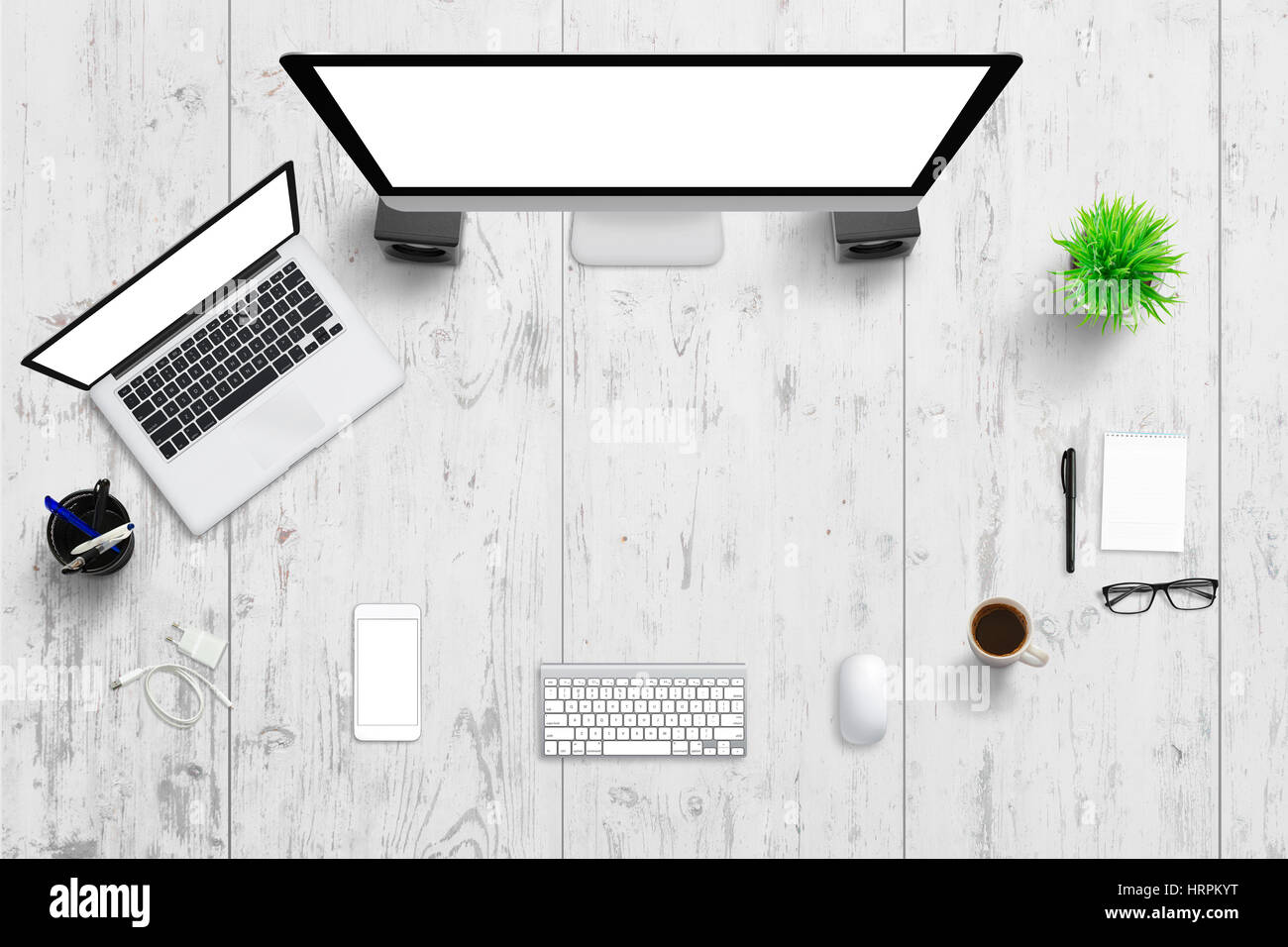 Computer display, laptop and mobile phone with isolated displays. Scene