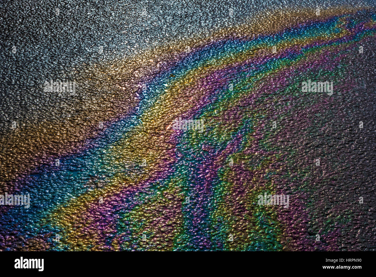 Rainbow effect caused by spilt oil on wet tarmac. Colourful Stock Photo