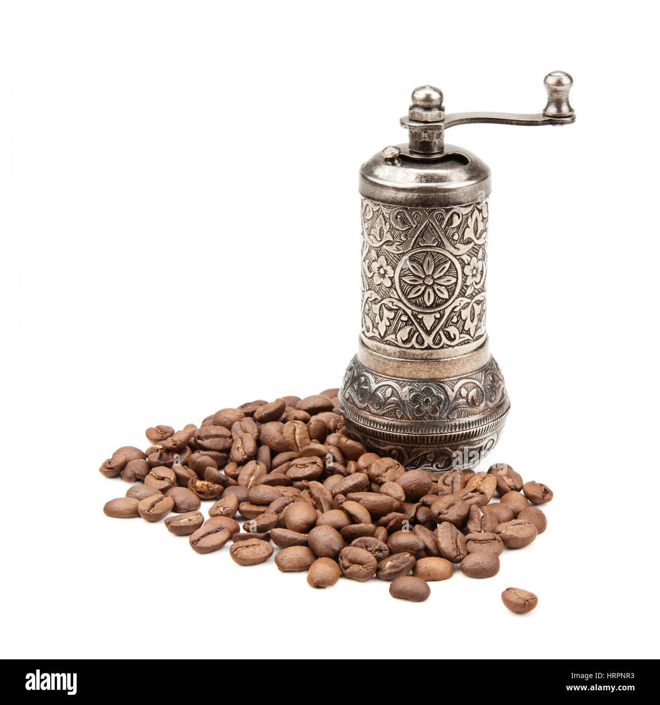 Old coffee grinder, coffee maker and roasted coffee beans isolated on white  background Stock Photo - Alamy