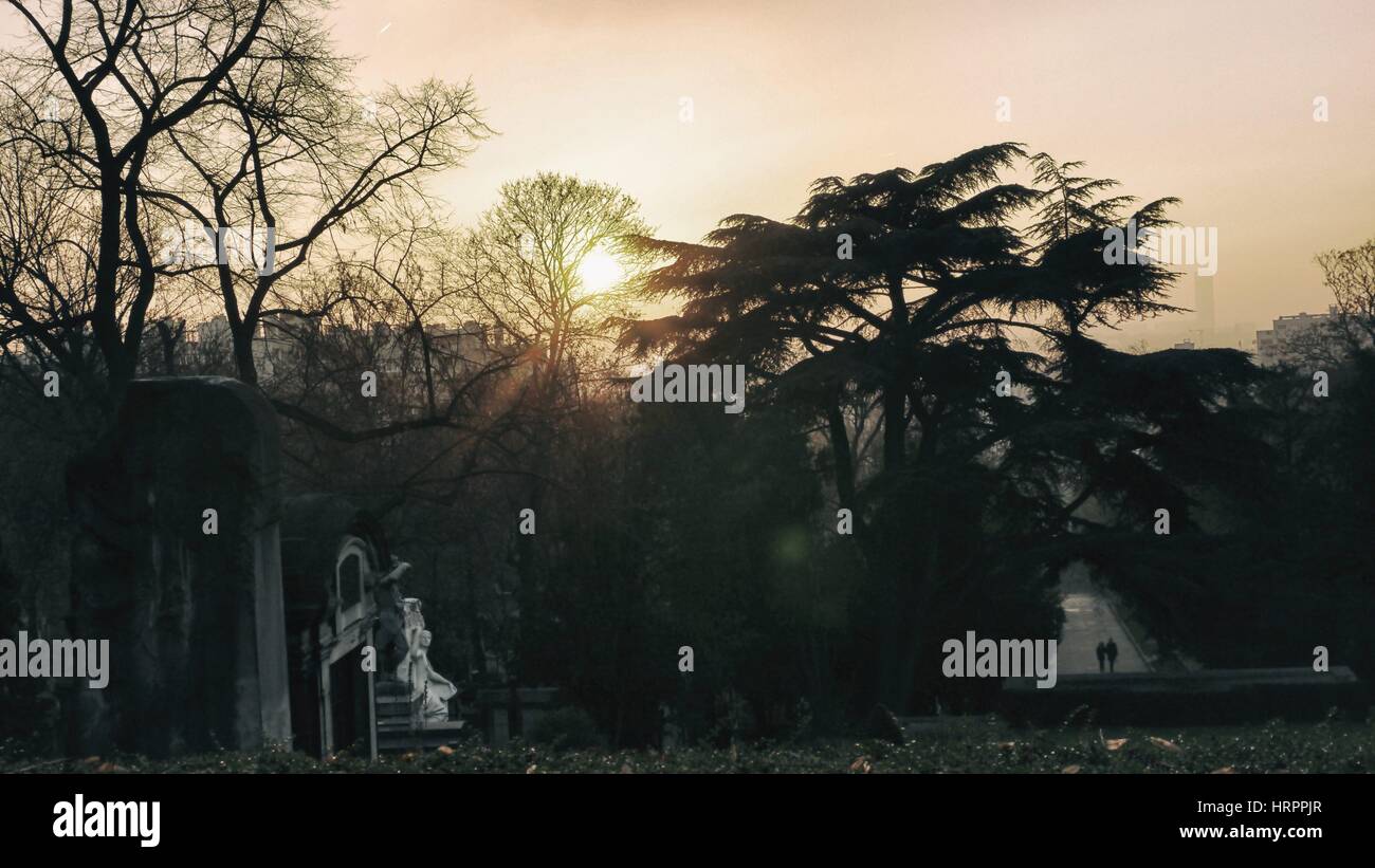 Sun Set over the city. Here Lachaise in Paris at dusk. Stock Photo