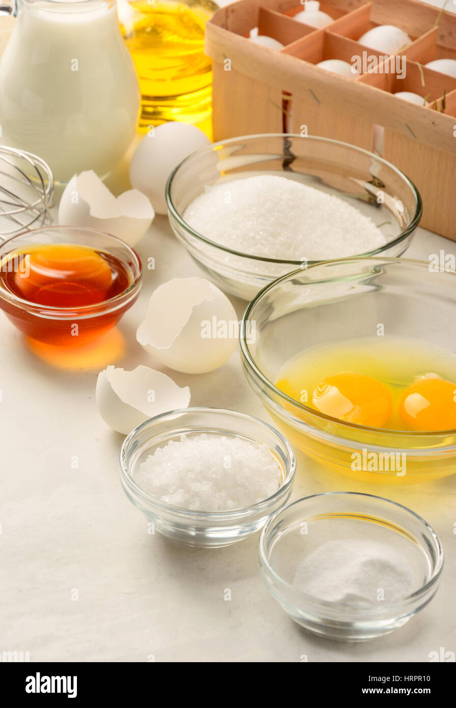 Ingredients for making pancakes on a white background Stock Photo