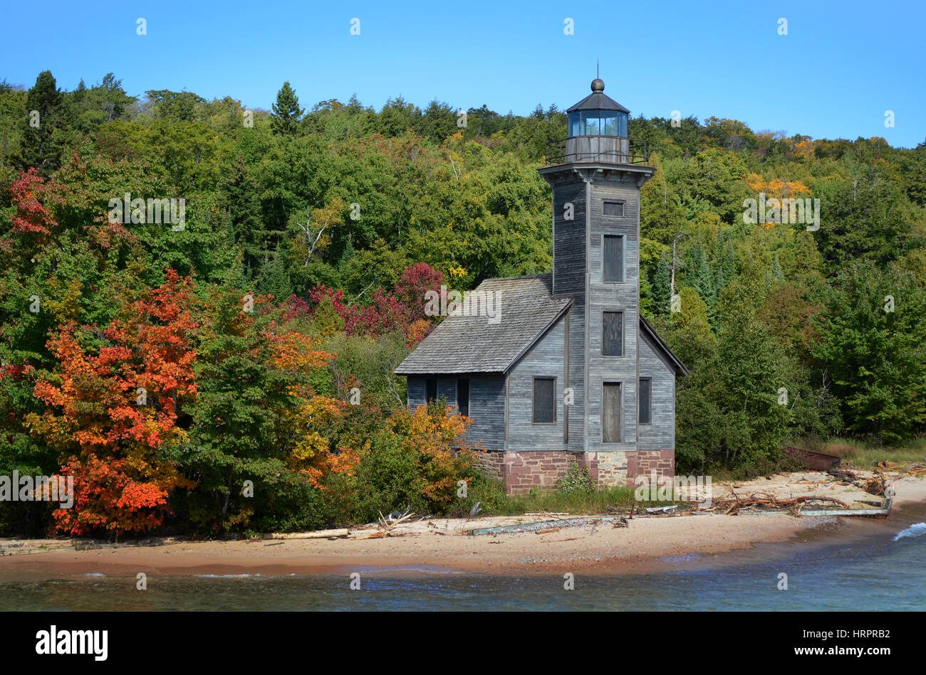 East Channel Lighthouse in early autumn, a lighthouse on Grand Island, Pictured Rocks National Lakeshore, Michigan, USA Stock Photo
