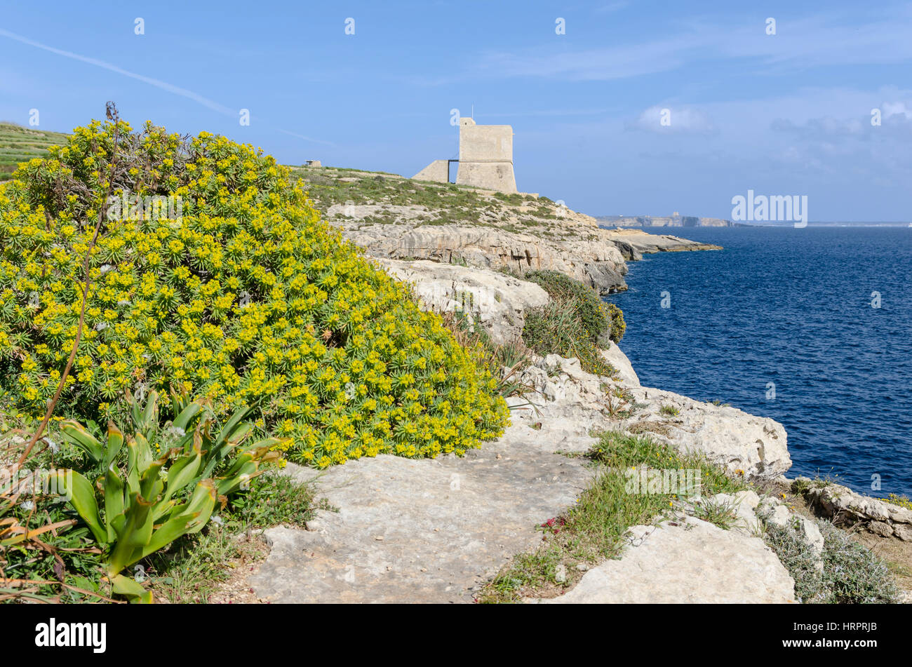 Gozo’s beautiful coast and its watch towers – Gozo, Malta Stock Photo