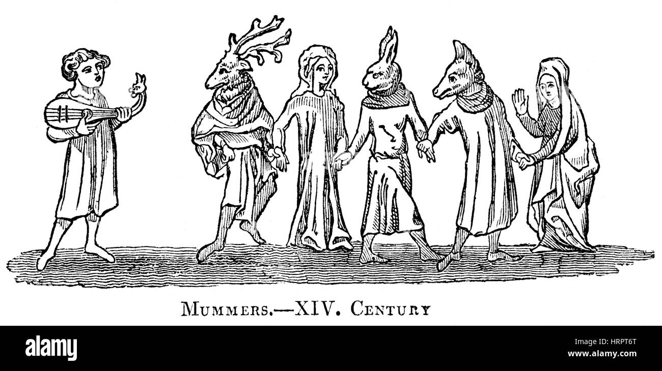 An illustration of Mummers in the 14th Century scanned at high resolution from a book printed in 1831.  Believed copyright free. Stock Photo