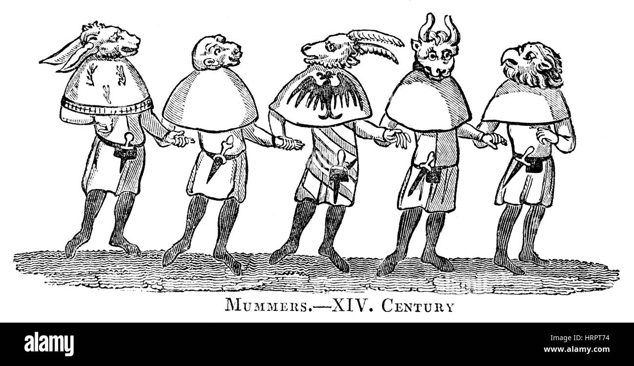 An illustration of Mummers in the 14th Century scanned at high resolution from a book printed in 1831.  Believed copyright free. Stock Photo