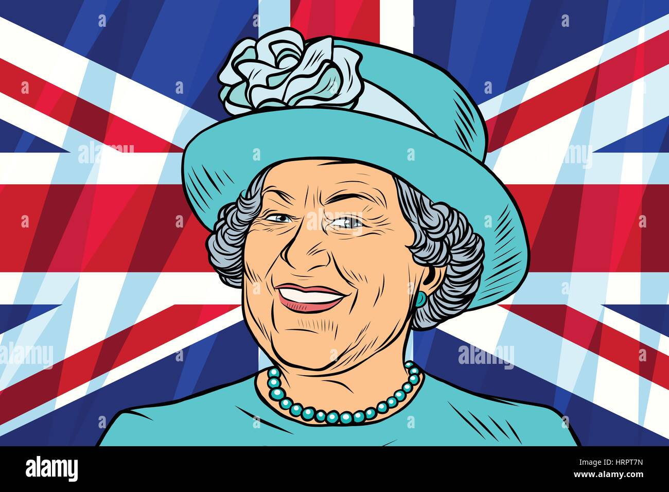 Elizabeth II Queen of the United Kingdom, Canada, Australia and New Zealand. British flag. Vintage comics cartoons illustration pop art retro vector Stock Vector