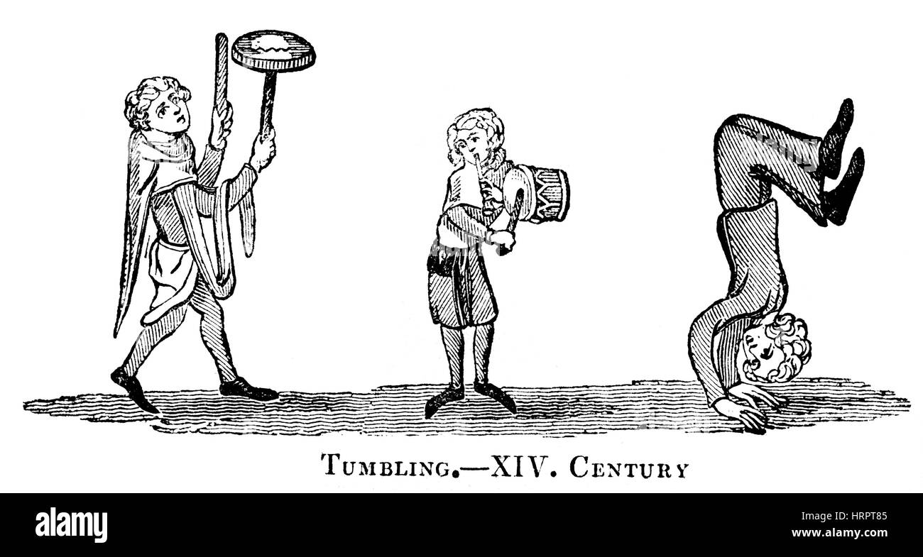 An illustration of Tumbling in the 14th Century scanned at high resolution from a book printed in 1831.  Believed copyright free. Stock Photo