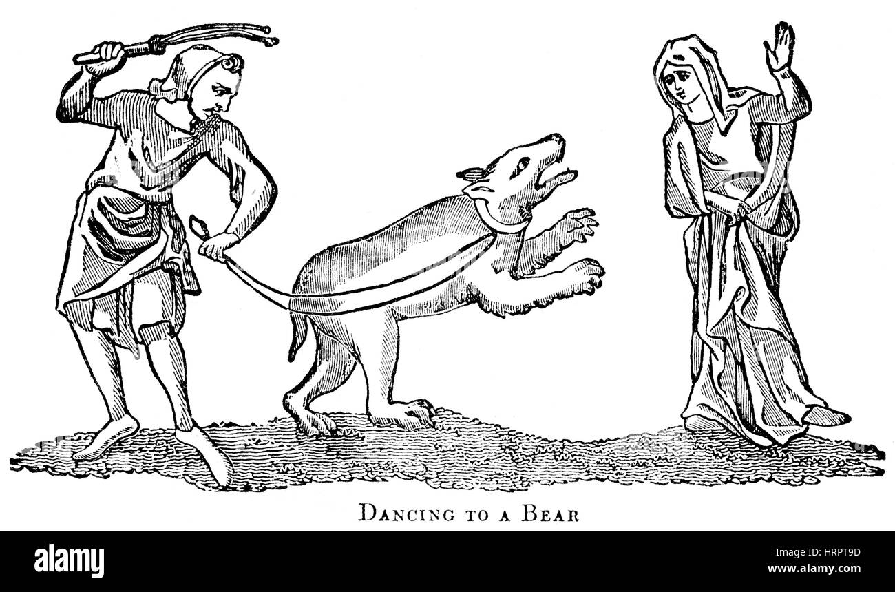 An illustration of Dancing to a Bear in the 14th Century scanned at high resolution from a book printed in 1831.  Believed copyright free. Stock Photo