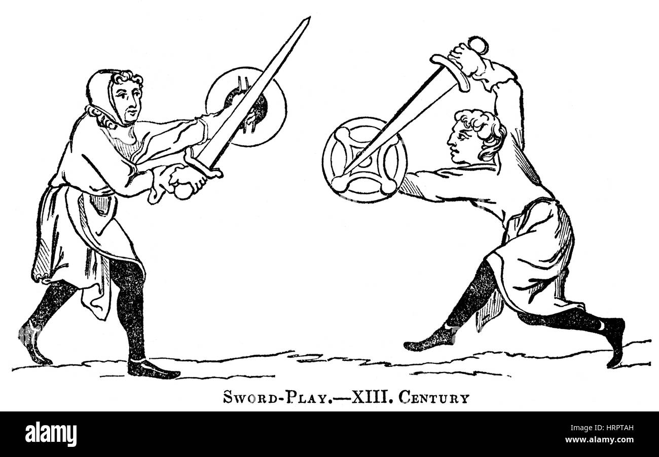 An illustration of Sword Play in the 13th Century scanned at high resolution from a book printed in 1831.  Believed copyright free. Stock Photo