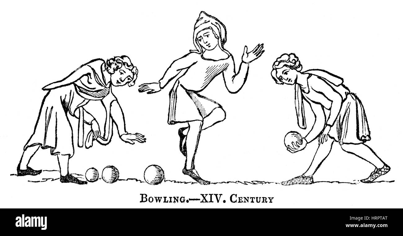 An illustration of Bowling in the 14th Century scanned at high resolution from a book printed in 1831.  Believed copyright free. Stock Photo