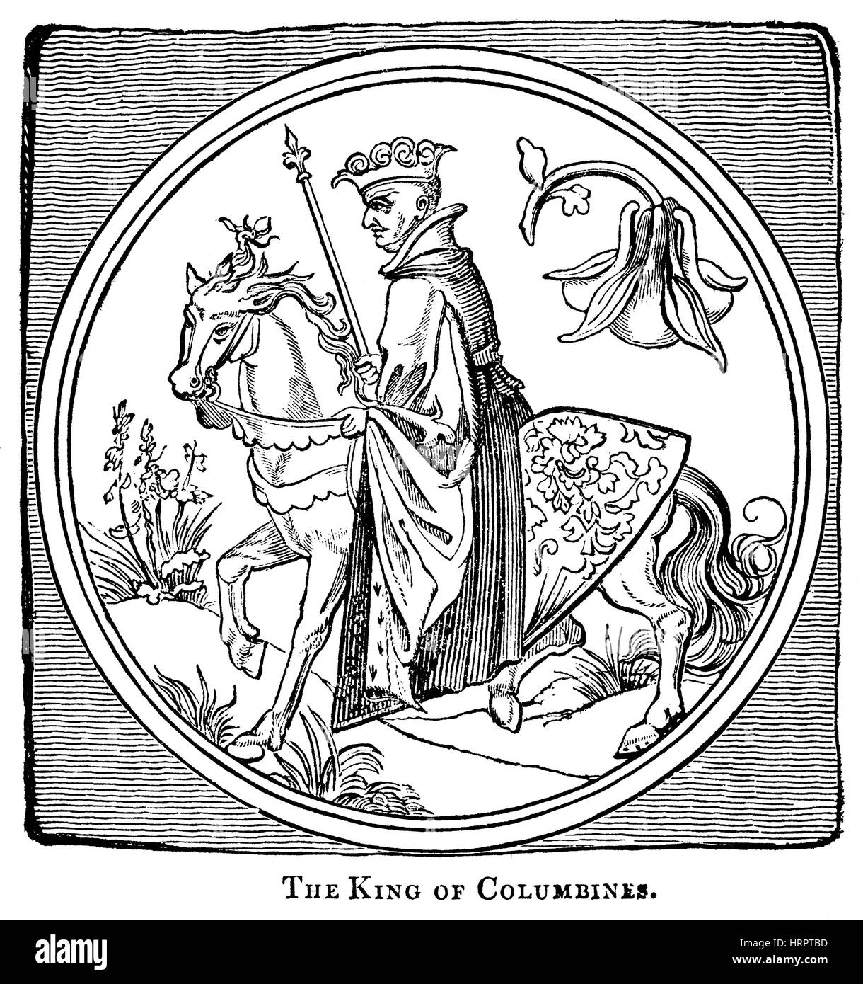 An illustration of The King of Columbines on a Playing Card in the 15th Century scanned at high resolution from a book printed in 1831. Stock Photo