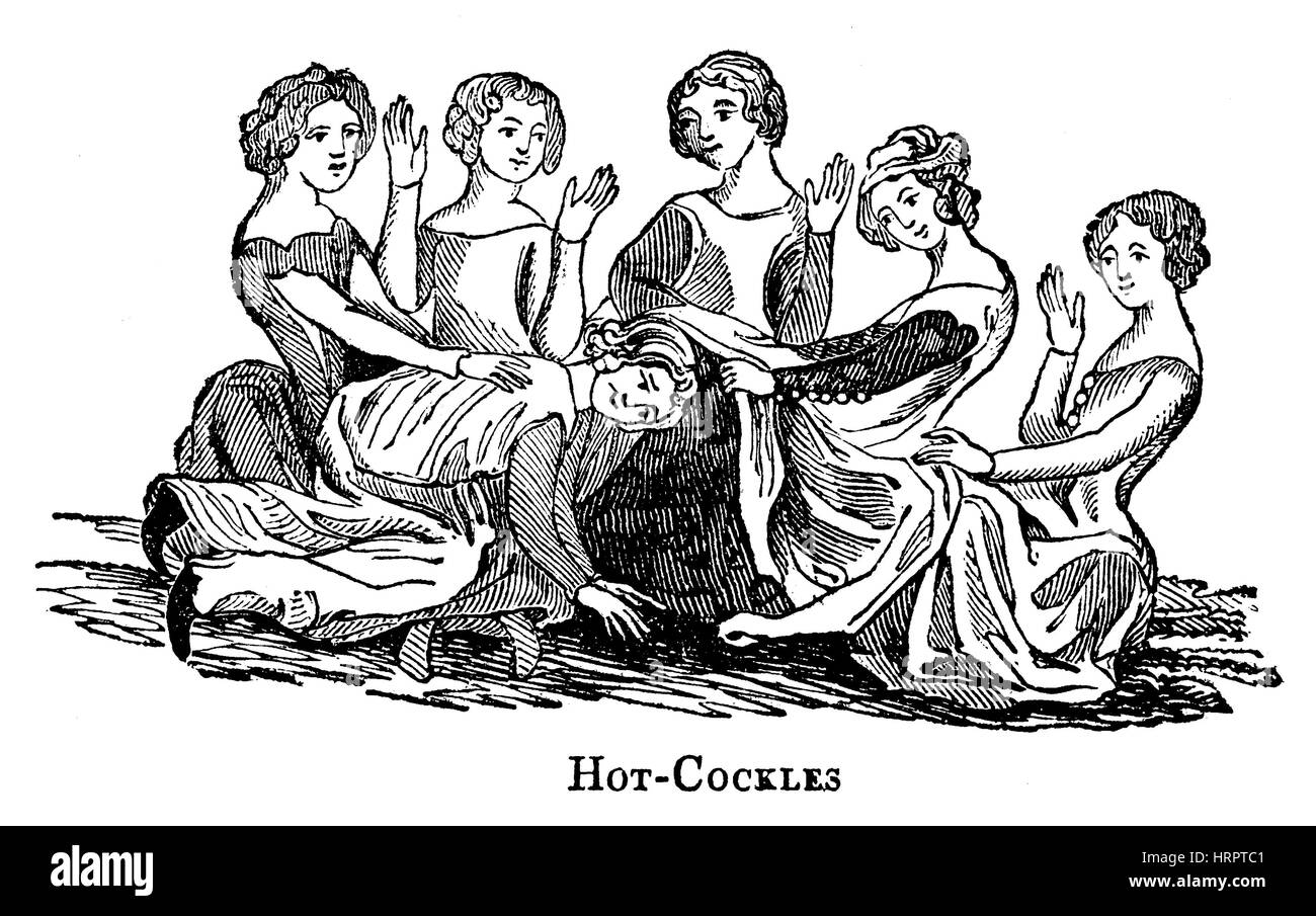 An illustration of a Game of Hot Cockles in the 14th Century scanned at high resolution from a book printed in 1831.  Believed copyright free. Stock Photo