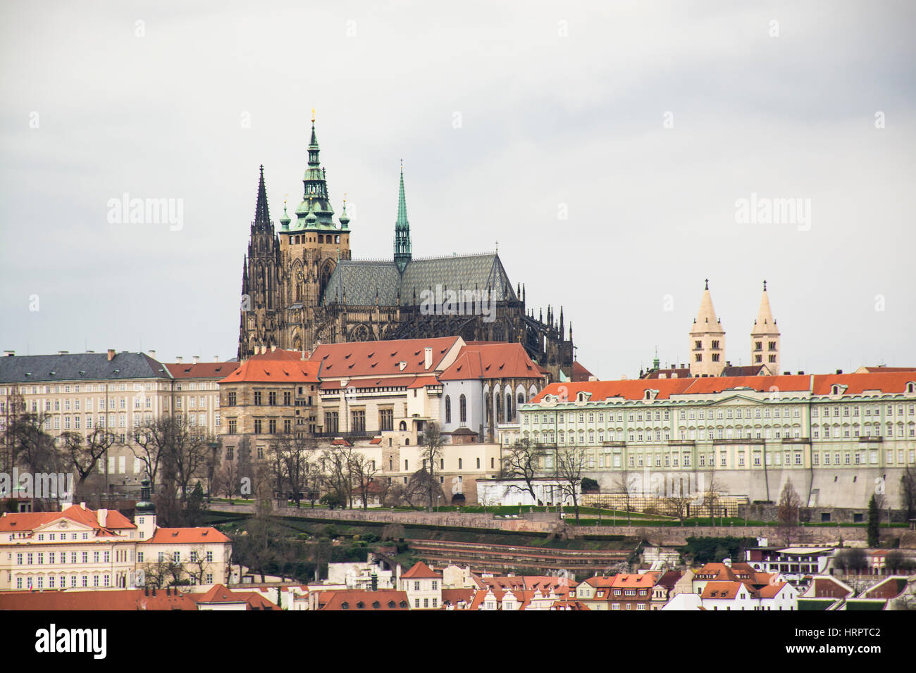 Aerial view of Prague with St. Vitus Cathedral and Prague Castle, UNESCO World Heritage Site, Prague, Czech Republic, Europe Stock Photo