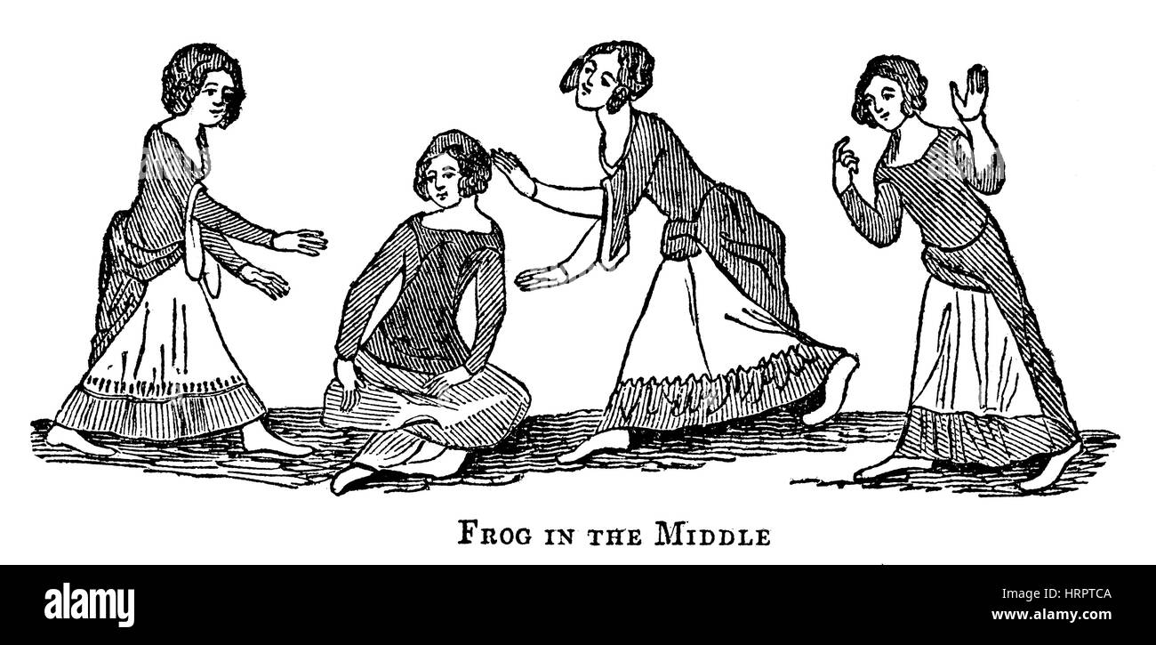An illustration of a Game of Frog in the Middle in the 14th Century scanned at high resolution from a book printed in 1831. Stock Photo