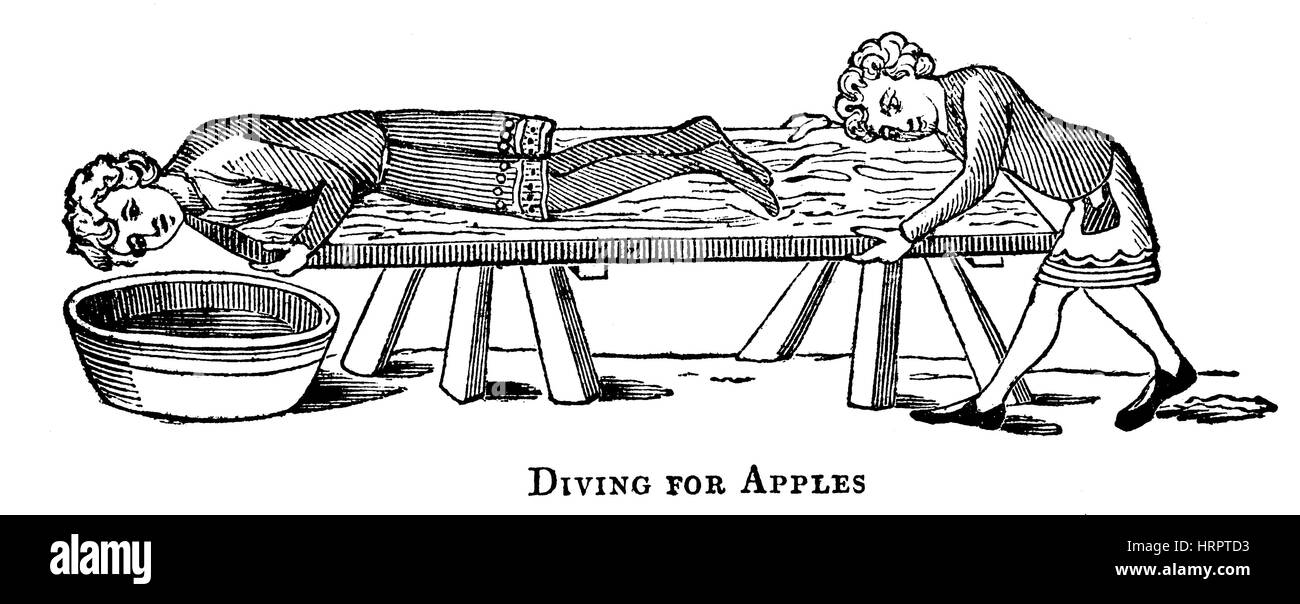 An illustration of a Game of Diving for Apples in the 14th Century scanned at high resolution from a book printed in 1831. Stock Photo
